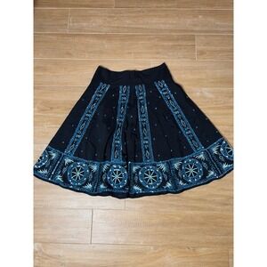 Bentley a. Black Embroidered Sequin Midi Skirt Boho A-Line Side Zip Women small